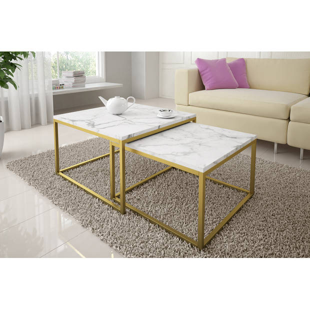 Meubella Salontafel Seville - Wit Marmerlook - 70 cm - set van 2