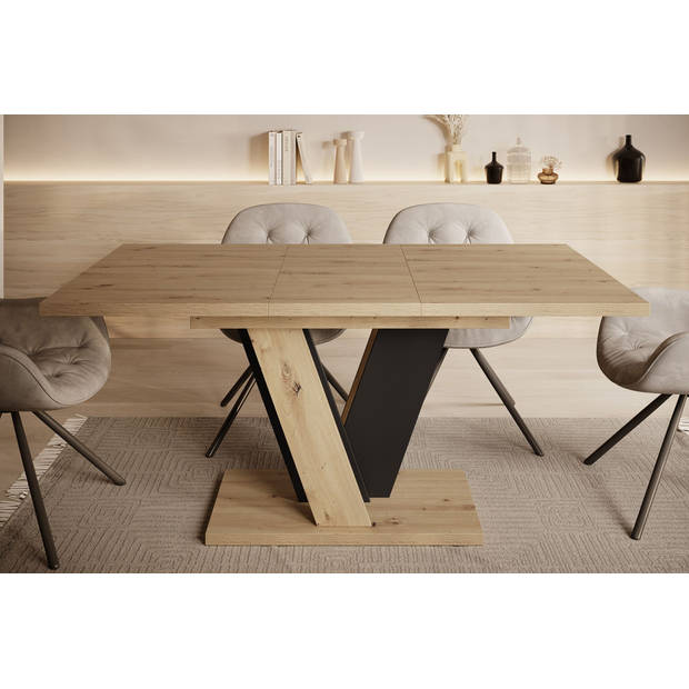 Meubella Eetkamertafel Velluto - Eiken - Zwart - 160 cm - Uitschuifbaar