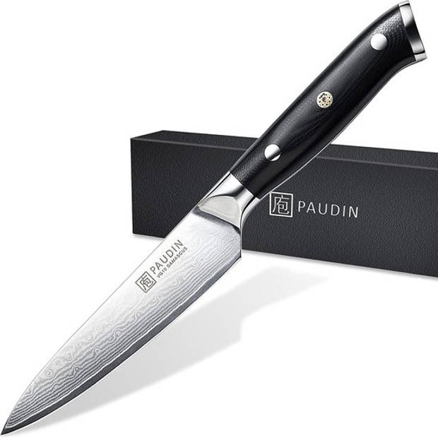 Paudin C6 Professioneel Officemes 12,5 cm - Japans mes - Koksmes - Echt Damascus Staal - Zwart Ergonomisch Handvat