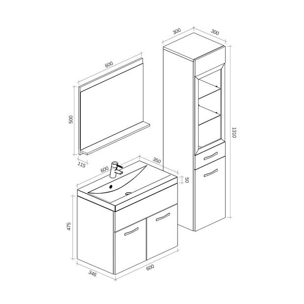 Badplaats Badkamermeubel Rio XL LED 60cm complete set - kastanje eiken met mat zwart