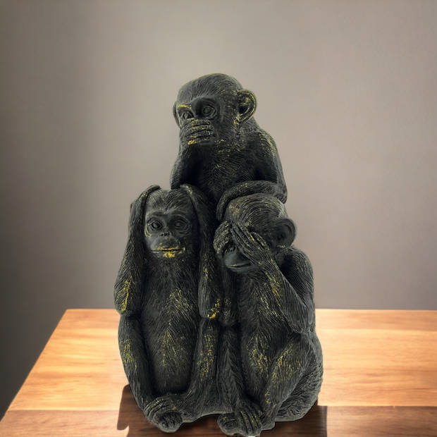 Polyresin Beeld van 3 aapjes die horen, zien en zwijgen uitbeelden - Zwart met goud - 32 cm