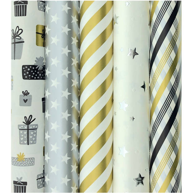 GOLD and SILVER cadeaupapier - Kerstpapier inpakpapier voor Kerst - 3 meter x 70 cm - 5 rollen