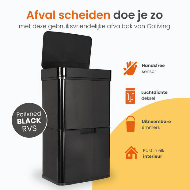 Goliving Sensor Prullenbak 64 Liter – Afvalemmer keuken - Afvalbak afvalscheiding – RVS – 40+2x12+8L - Zwart