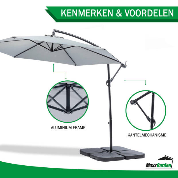 MaxxGarden Zweefparasol - Parasol set met Tegels - Ø300 cm (grijs)