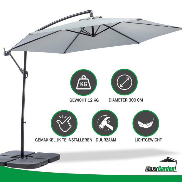 MaxxGarden Zweefparasol - Parasol set met Tegels - Ø300 cm (grijs)