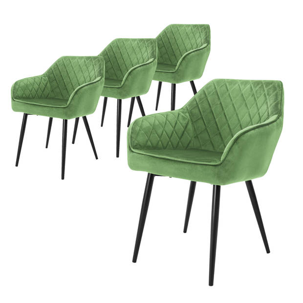 ML-Design set van 4 eetkamerstoelen met armleuning en rugleuning, groen, keukenstoel met fluwelen bekleding,