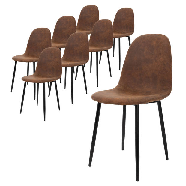 ML-Design Set van 8 eetkamerstoelen met rugleuning, bruin, Scandinavische vintage gestoffeerde stoelen met metalen poten