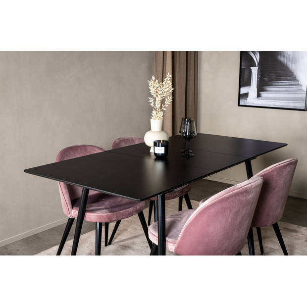 SilarBLExt eethoek eetkamertafel uitschuifbare tafel lengte cm 120 / 160 zwart en 4 Velvet eetkamerstal velours roze,