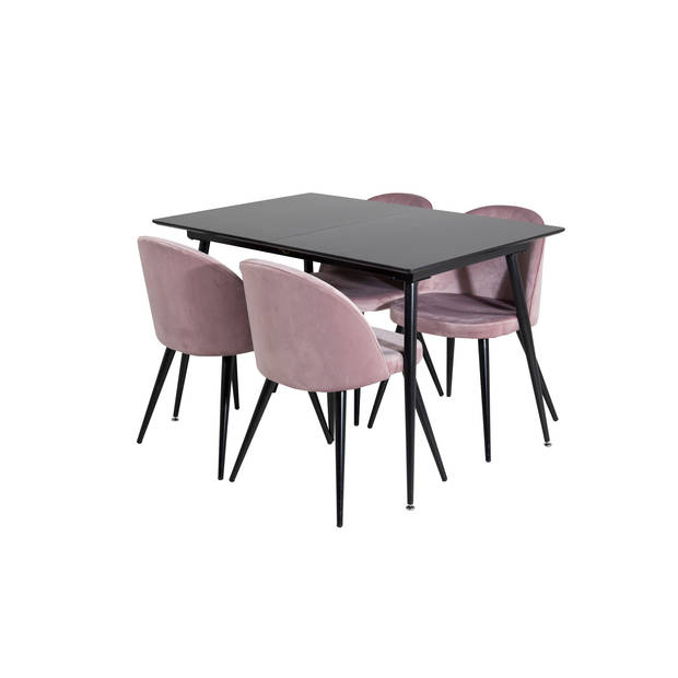 SilarBLExt eethoek eetkamertafel uitschuifbare tafel lengte cm 120 / 160 zwart en 4 Velvet eetkamerstal velours roze,