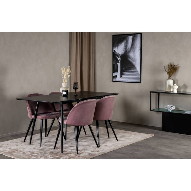 SilarBLExt eethoek eetkamertafel uitschuifbare tafel lengte cm 120 / 160 zwart en 4 Velvet eetkamerstal velours roze,