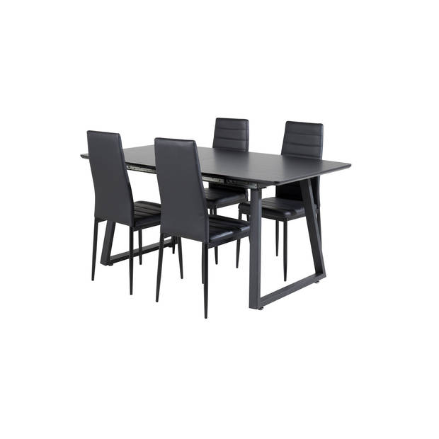 IncaBLBL eethoek eetkamertafel uitschuifbare tafel lengte cm 160 / 200 zwart en 4 Slim High Back eetkamerstal PU