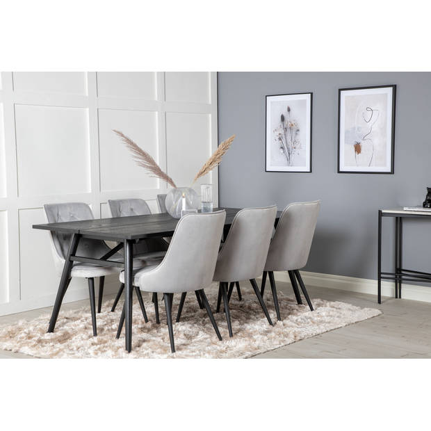 Sleek eethoek eetkamertafel uitschuifbare tafel lengte cm 195 / 280 zwart en 6 Velvet Deluxe eetkamerstal velours