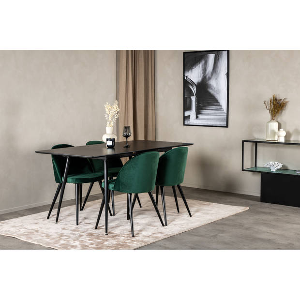 SilarBLExt eethoek eetkamertafel uitschuifbare tafel lengte cm 120 / 160 zwart en 4 Velvet eetkamerstal velours groente,