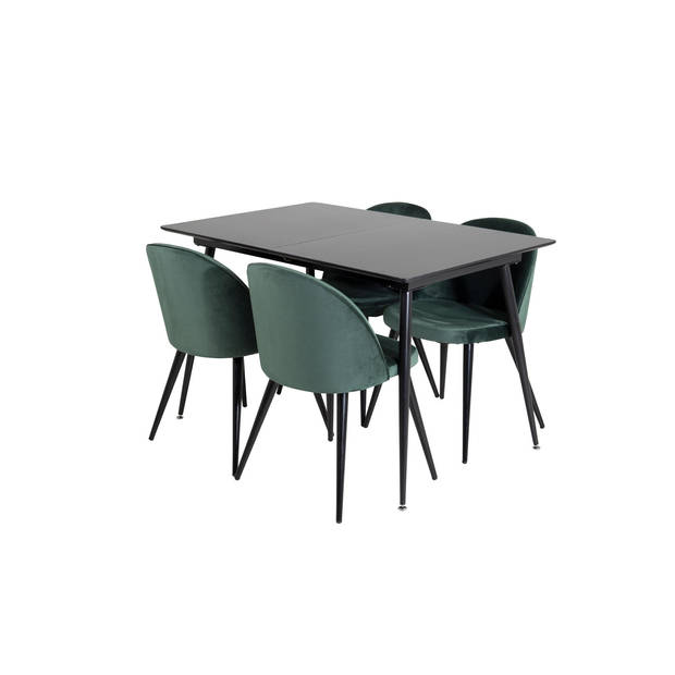 SilarBLExt eethoek eetkamertafel uitschuifbare tafel lengte cm 120 / 160 zwart en 4 Velvet eetkamerstal velours groente,