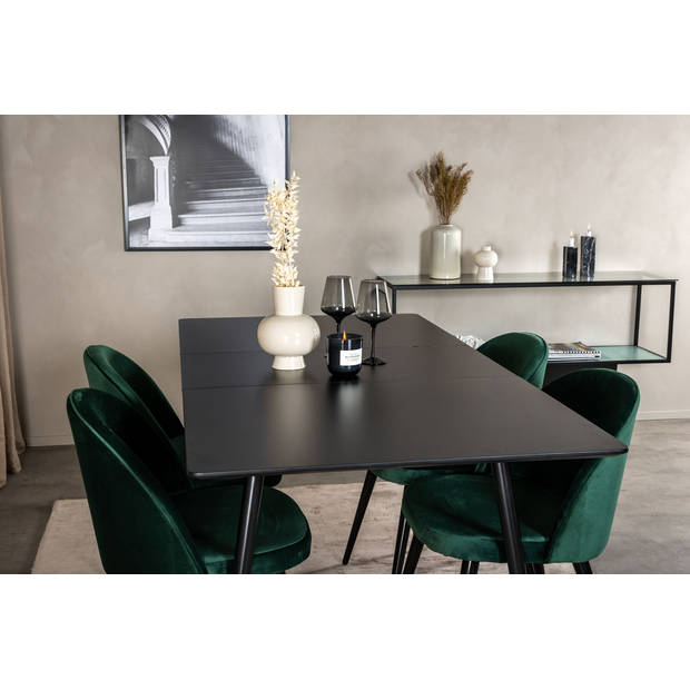 SilarBLExt eethoek eetkamertafel uitschuifbare tafel lengte cm 120 / 160 zwart en 4 Velvet eetkamerstal velours groente,