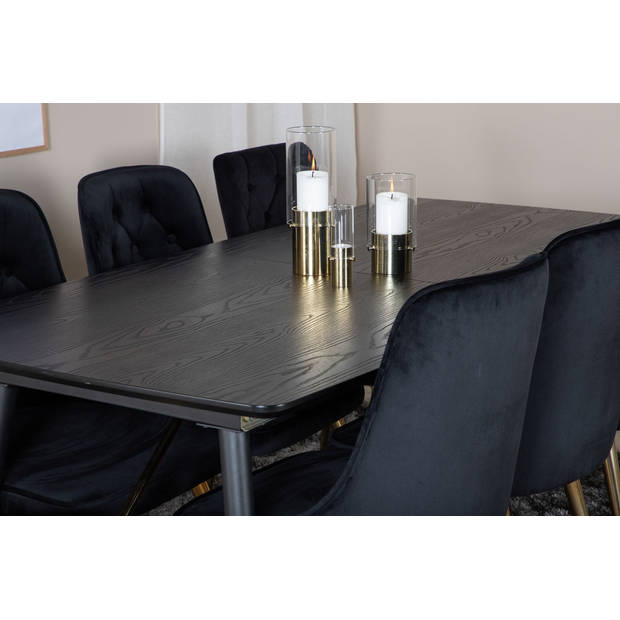 Gold eethoek eetkamertafel uitschuifbare tafel lengte cm 180 / 220 zwart en 6 Velvet Deluxe eetkamerstal velours zwart,