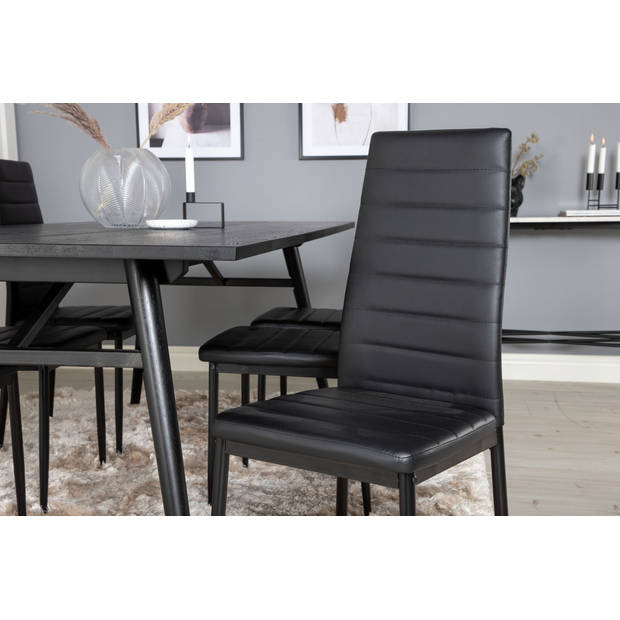 Sleek eethoek eetkamertafel uitschuifbare tafel lengte cm 195 / 280 zwart en 6 Slim High Back eetkamerstal PU kunstleer