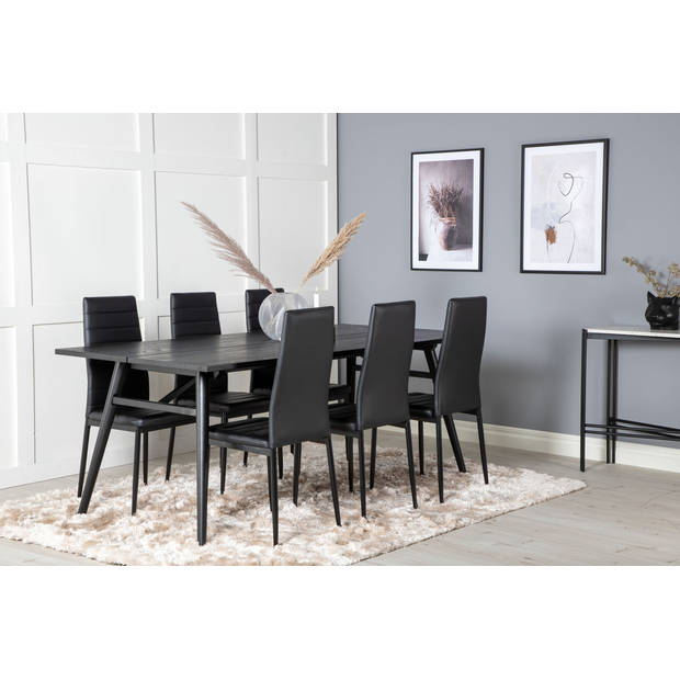 Sleek eethoek eetkamertafel uitschuifbare tafel lengte cm 195 / 280 zwart en 6 Slim High Back eetkamerstal PU kunstleer