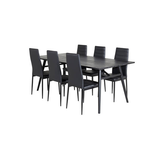 Sleek eethoek eetkamertafel uitschuifbare tafel lengte cm 195 / 280 zwart en 6 Slim High Back eetkamerstal PU kunstleer