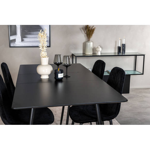 SilarBLExt eethoek eetkamertafel uitschuifbare tafel lengte cm 120 / 160 zwart en 4 Polar Diamond eetkamerstal velours