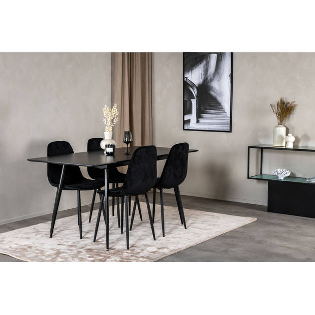 SilarBLExt eethoek eetkamertafel uitschuifbare tafel lengte cm 120 / 160 zwart en 4 Polar Diamond eetkamerstal velours