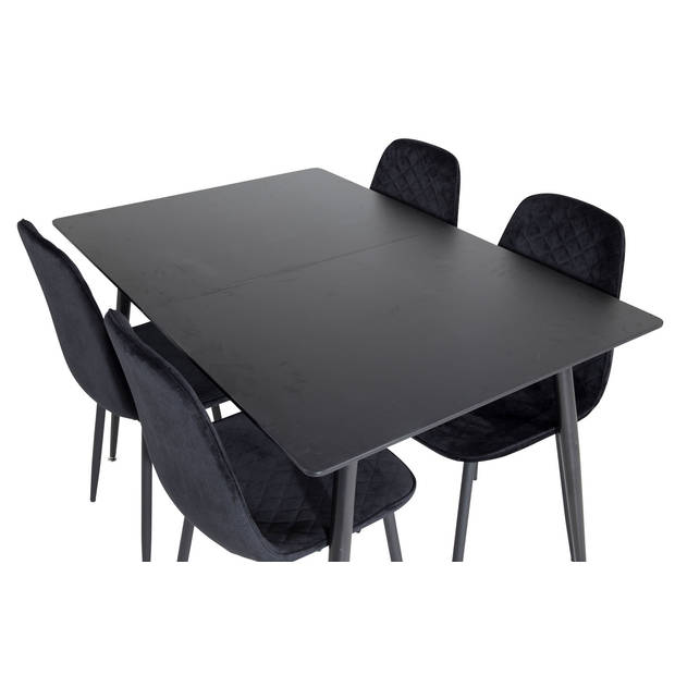 SilarBLExt eethoek eetkamertafel uitschuifbare tafel lengte cm 120 / 160 zwart en 4 Polar Diamond eetkamerstal velours