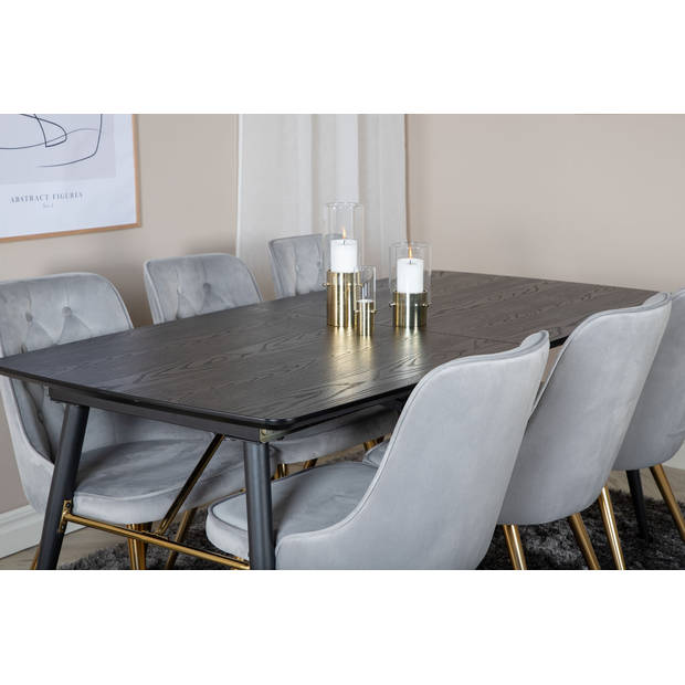 Gold eethoek eetkamertafel uitschuifbare tafel lengte cm 180 / 220 zwart en 6 Velvet Deluxe eetkamerstal velours