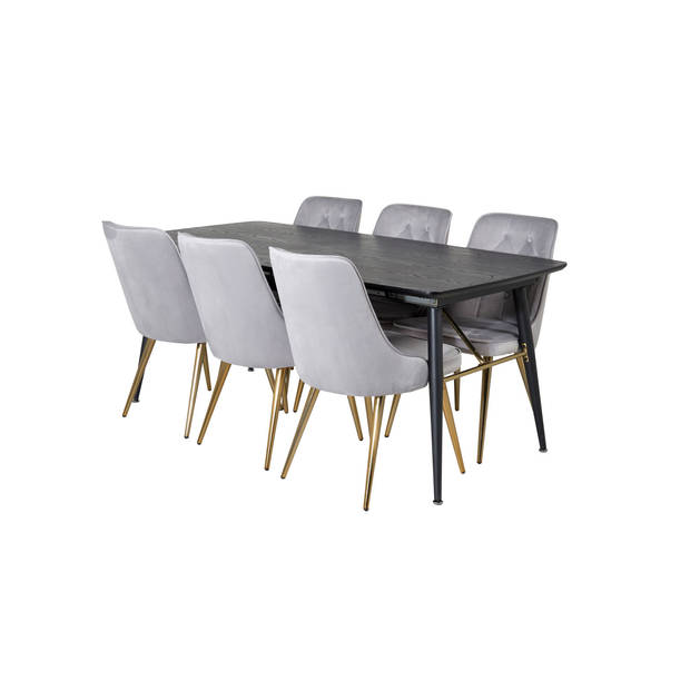 Gold eethoek eetkamertafel uitschuifbare tafel lengte cm 180 / 220 zwart en 6 Velvet Deluxe eetkamerstal velours