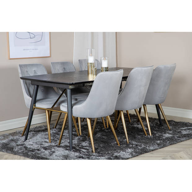 Gold eethoek eetkamertafel uitschuifbare tafel lengte cm 180 / 220 zwart en 6 Velvet Deluxe eetkamerstal velours