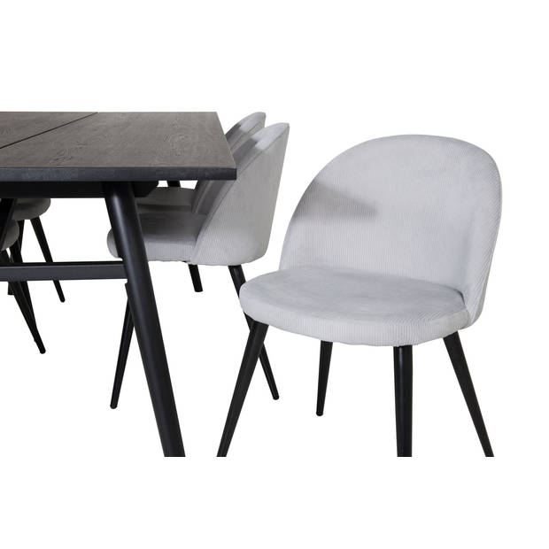 Sleek eethoek eetkamertafel uitschuifbare tafel lengte cm 195 / 280 zwart en 6 Velvet eetkamerstal fluweel lichtgrijs,