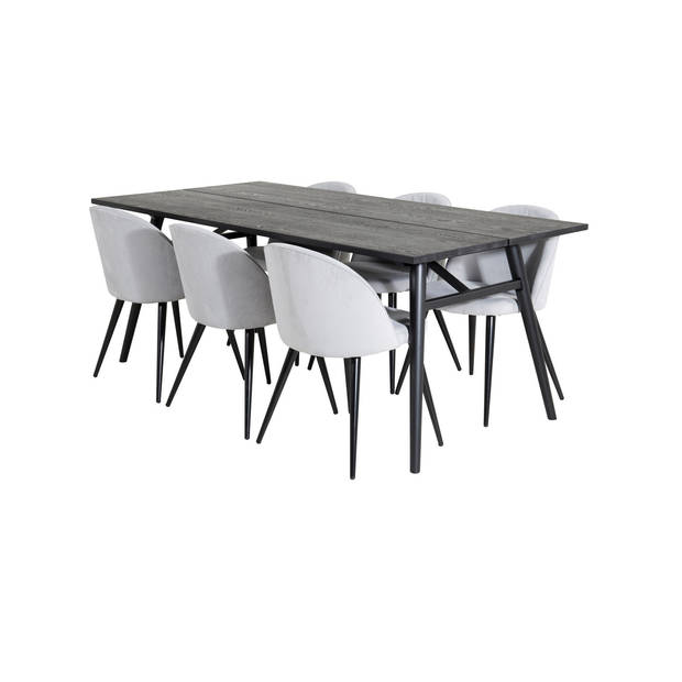 Sleek eethoek eetkamertafel uitschuifbare tafel lengte cm 195 / 280 zwart en 6 Velvet eetkamerstal fluweel lichtgrijs,