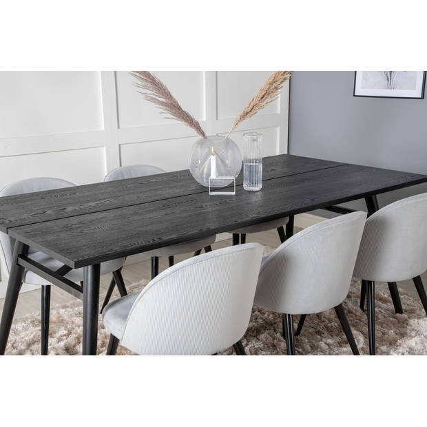 Sleek eethoek eetkamertafel uitschuifbare tafel lengte cm 195 / 280 zwart en 6 Velvet eetkamerstal fluweel lichtgrijs,