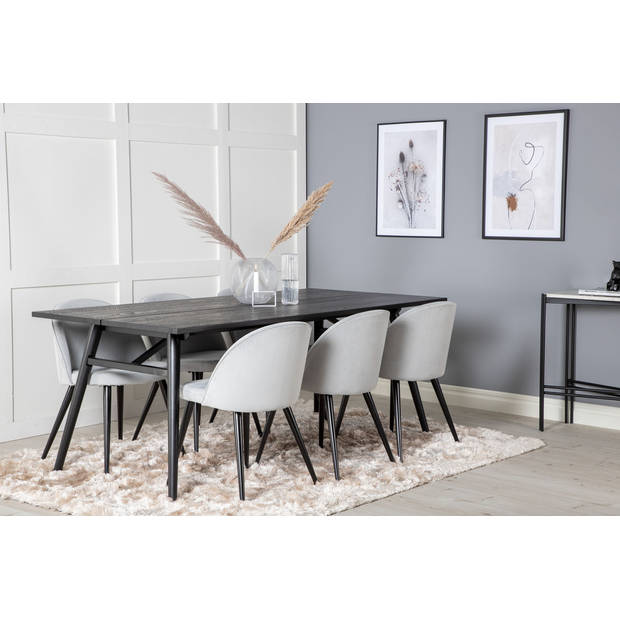 Sleek eethoek eetkamertafel uitschuifbare tafel lengte cm 195 / 280 zwart en 6 Velvet eetkamerstal fluweel lichtgrijs,