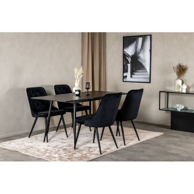 SilarBLExt eethoek eetkamertafel uitschuifbare tafel lengte cm 120 / 160 zwart en 4 Velvet Deluxe eetkamerstal velours