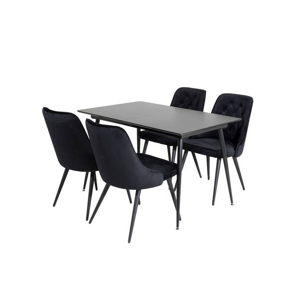 SilarBLExt eethoek eetkamertafel uitschuifbare tafel lengte cm 120 / 160 zwart en 4 Velvet Deluxe eetkamerstal velours