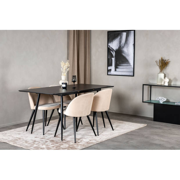 SilarBLExt eethoek eetkamertafel uitschuifbare tafel lengte cm 120 / 160 zwart en 4 Velvet eetkamerstal velours beige,