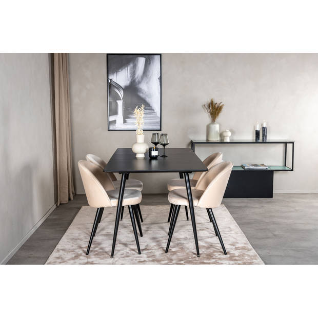 SilarBLExt eethoek eetkamertafel uitschuifbare tafel lengte cm 120 / 160 zwart en 4 Velvet eetkamerstal velours beige,