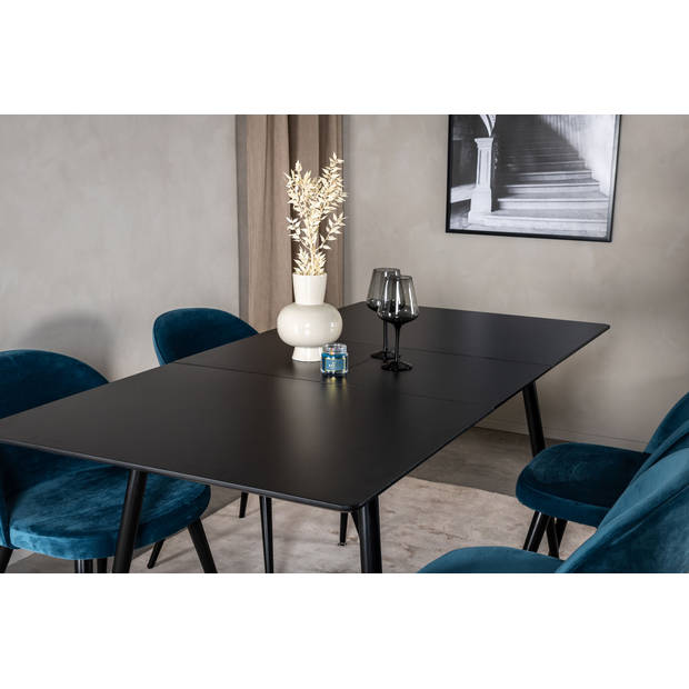 SilarBLExt eethoek eetkamertafel uitschuifbare tafel lengte cm 120 / 160 zwart en 4 Velvet eetkamerstal velours blauw,