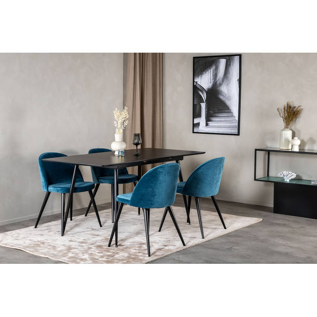 SilarBLExt eethoek eetkamertafel uitschuifbare tafel lengte cm 120 / 160 zwart en 4 Velvet eetkamerstal velours blauw,