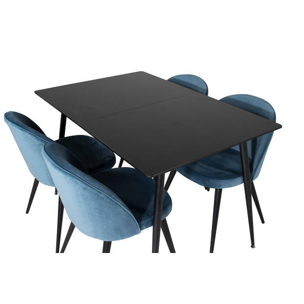 SilarBLExt eethoek eetkamertafel uitschuifbare tafel lengte cm 120 / 160 zwart en 4 Velvet eetkamerstal velours blauw,