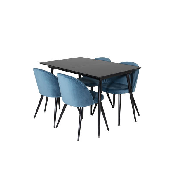 SilarBLExt eethoek eetkamertafel uitschuifbare tafel lengte cm 120 / 160 zwart en 4 Velvet eetkamerstal velours blauw,