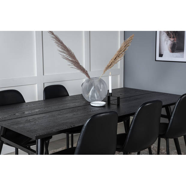 Sleek eethoek eetkamertafel uitschuifbare tafel lengte cm 195 / 280 zwart en 6 Polar eetkamerstal PU kunstleer zwart PU