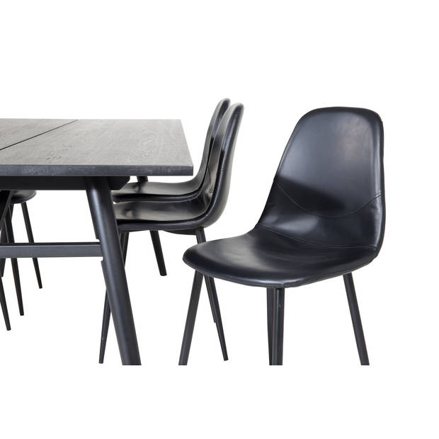 Sleek eethoek eetkamertafel uitschuifbare tafel lengte cm 195 / 280 zwart en 6 Polar eetkamerstal PU kunstleer zwart PU