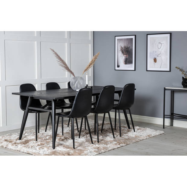 Sleek eethoek eetkamertafel uitschuifbare tafel lengte cm 195 / 280 zwart en 6 Polar eetkamerstal PU kunstleer zwart PU