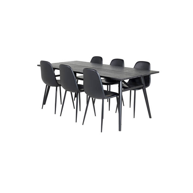 Sleek eethoek eetkamertafel uitschuifbare tafel lengte cm 195 / 280 zwart en 6 Polar eetkamerstal PU kunstleer zwart PU