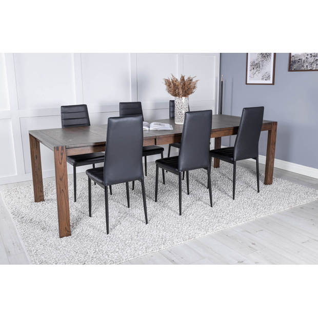 SliderOS eethoek eetkamertafel uitschuifbare tafel lengte cm 170 / 250 rokerig eik en 6 Slim High Back eetkamerstal PU