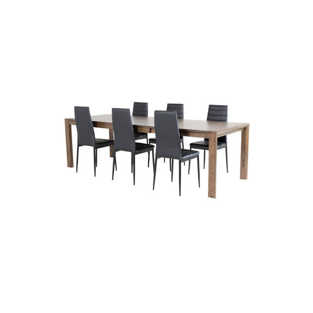 SliderOS eethoek eetkamertafel uitschuifbare tafel lengte cm 170 / 250 rokerig eik en 6 Slim High Back eetkamerstal PU