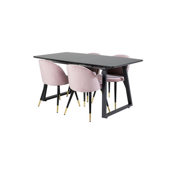 IncaBLBL eethoek eetkamertafel uitschuifbare tafel lengte cm 160 / 200 zwart en 4 Velvet eetkamerstal velours roze,