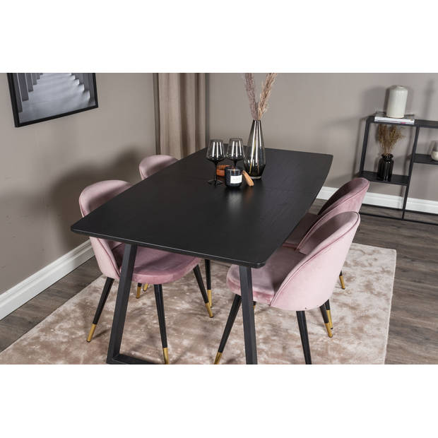 IncaBLBL eethoek eetkamertafel uitschuifbare tafel lengte cm 160 / 200 zwart en 4 Velvet eetkamerstal velours roze,