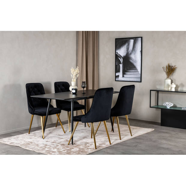 SilarBLExt eethoek eetkamertafel uitschuifbare tafel lengte cm 120 / 160 zwart en 4 Velvet Deluxe eetkamerstal velours